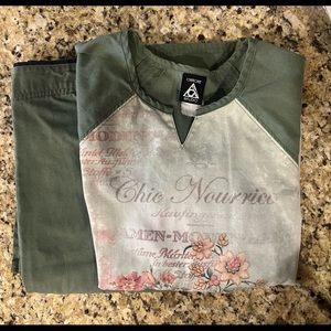Cherokee, XS Top, XSP Petite Pant, Multi-colored/Olive Green